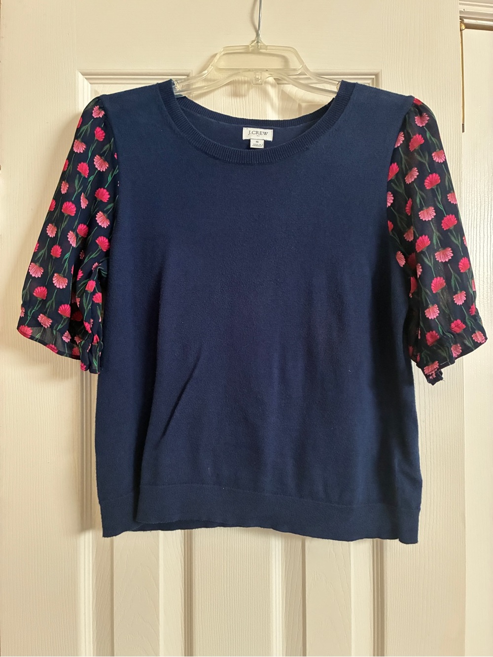 J. Crew Navy Knit Top with Pink Floral Puff Sleeves